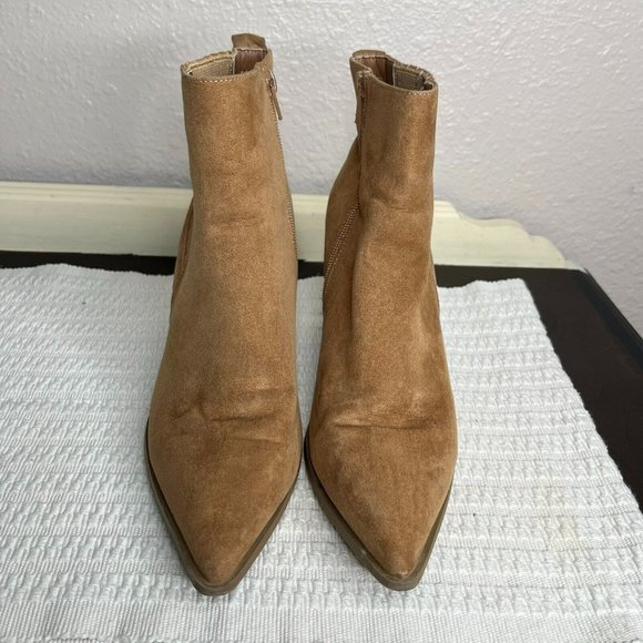 Just Fab Olwen Camel Textile Pointed Toe Zipper Block Heel Ankle Booties Size 8 - Picture 4 of 7